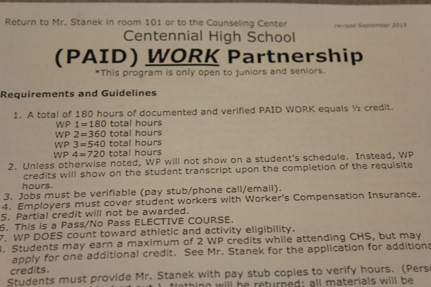 Students can earn elective credits through paid or non-paid work. See Jeff Stanek in Room 101 for forms or more information.