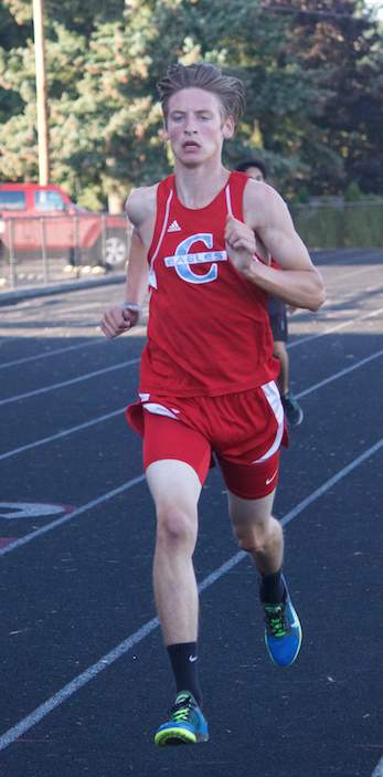 Adam Voight sprints to the finish in a home meet. 