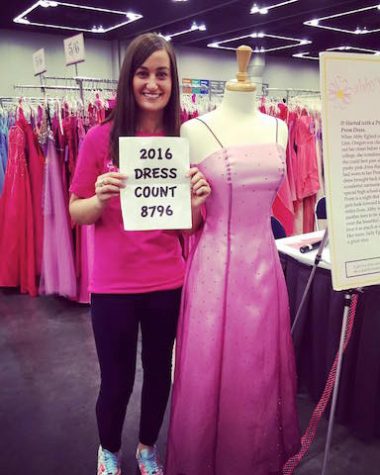Abby Egland shows the number of dresses donated for last year's event. Abby's Closet is hosting a free dress giveaway event March 18 from 8 am to 4 pm and March 19 from 10 am to 2 pm at the Oregon Convention Center.