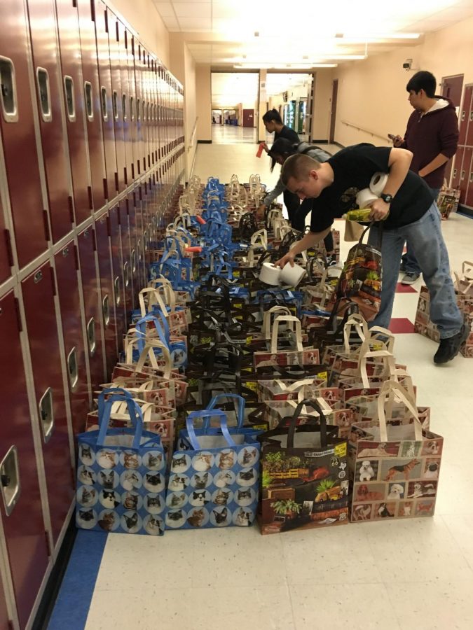 Students filling care packages with hygiene materials. Care packages are being distributed to counselors at different schools.