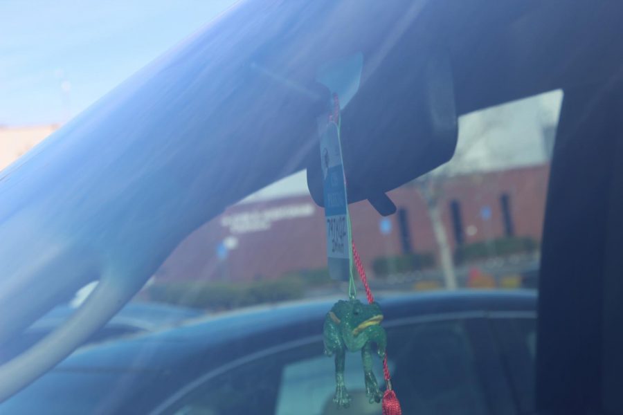 Parking passes hanging from cars parked in the lot. Parking passes are required in order to park.