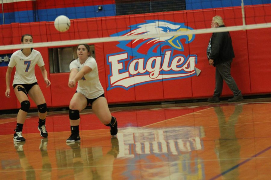 Bailey Becker serves the ball to the other side of the court. The Eagles play Reynolds tonight at 6:15 at home.