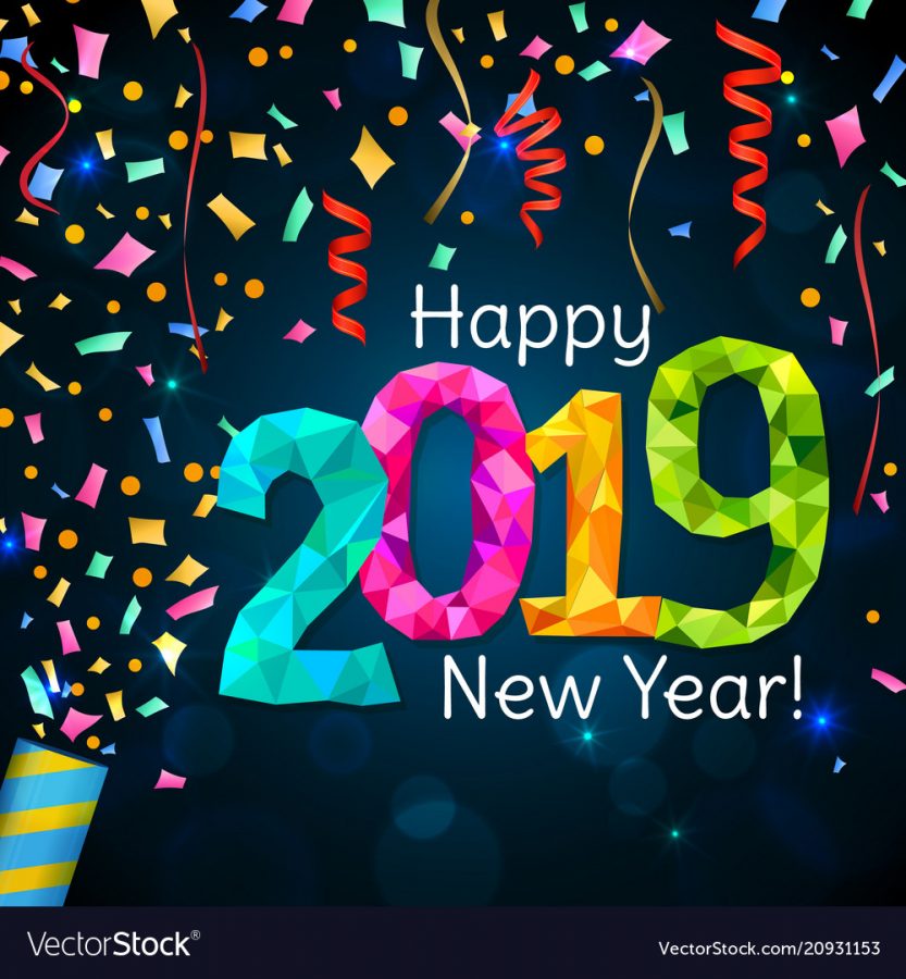 Happy New Year 2019 greeting banner. Festive background with colorful confetti, party popper and sparkles. Vector