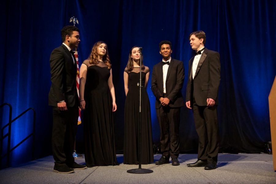Gino Colon, Chaela Oscar, Natalie Sato, Trenton Ruffin, and Lukas Hurley sing at the GOSH Conference.