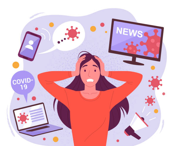 Vector illustration of a young attractive stressful woman surrounded by social media devices with virus information. Isolated on background